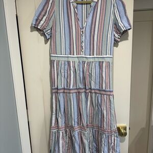 LOFT Blue and Pink Linen Striped Dress